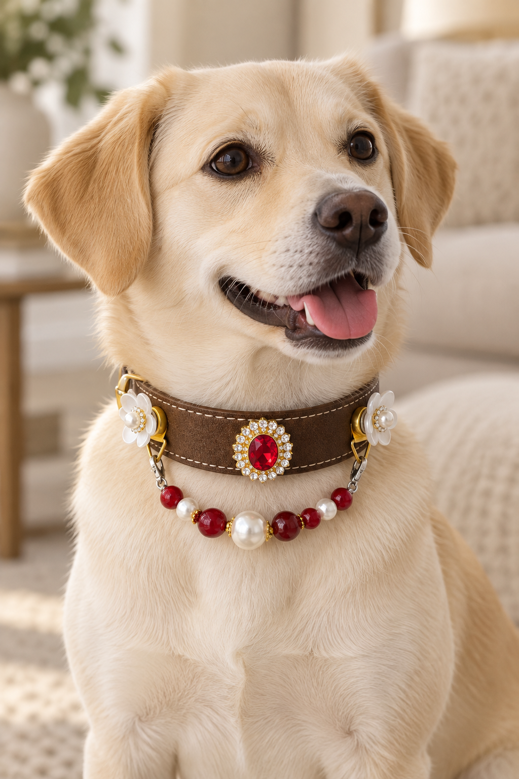 EVARILO Scarlet Bloom beaded pet collar — dog wearing the collar
