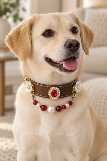 EVARILO Scarlet Bloom beaded pet collar — dog wearing the collar