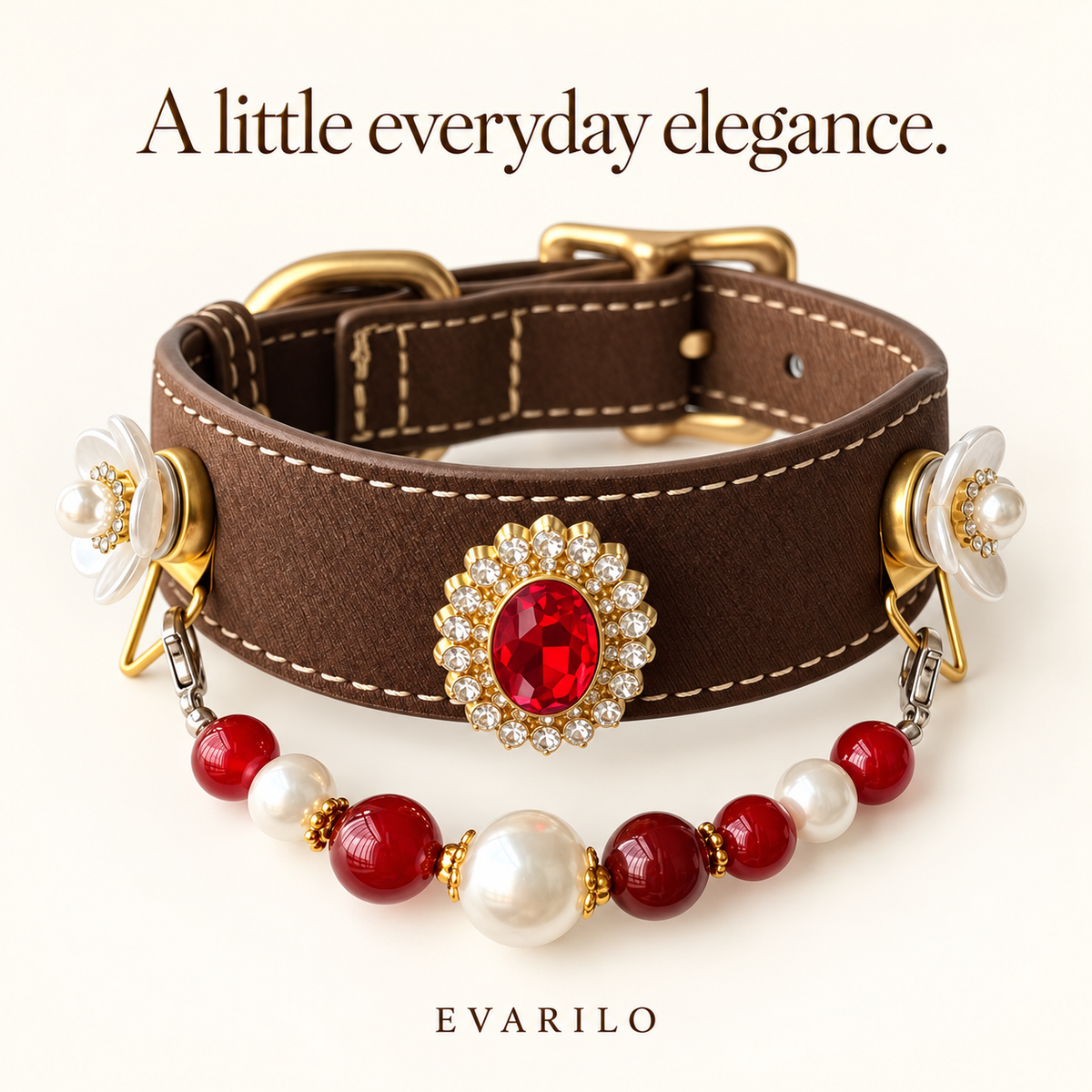 EVARILO Scarlet Bloom beaded pet collar — red centerpiece and white floral ornaments