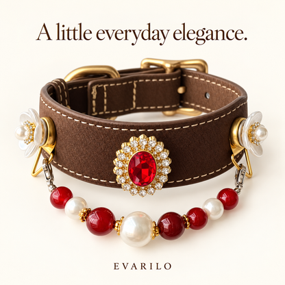 EVARILO Scarlet Bloom beaded pet collar — red centerpiece and white floral ornaments