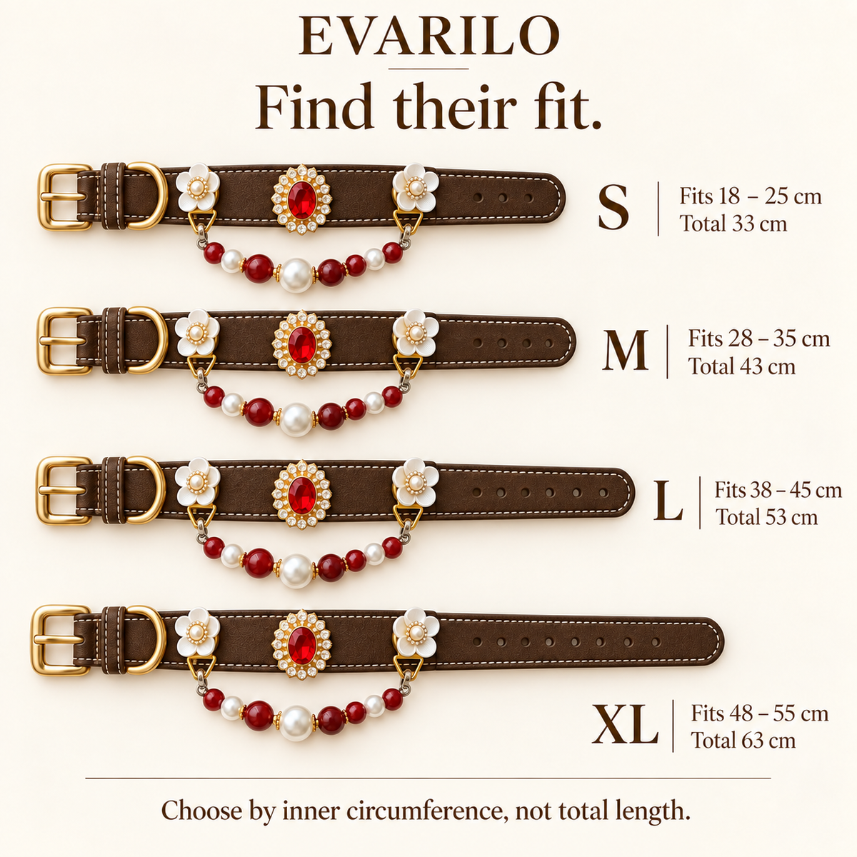 EVARILO Scarlet Bloom collar size guide: inner circumference and total length for S, M, L and XL.
