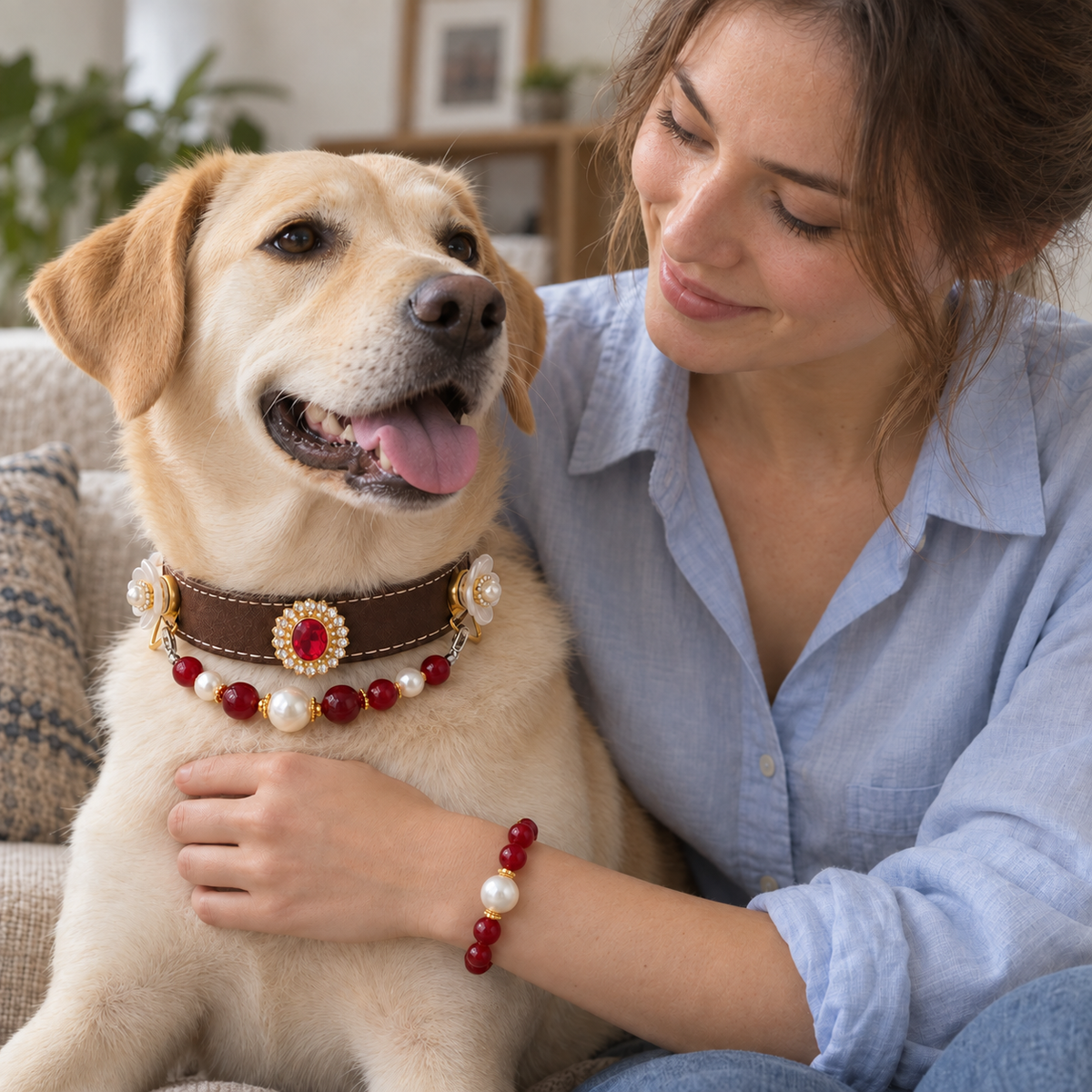 Dog wearing the EVARILO pet collar, alongside an owner wearing the matching crystal bracelet.