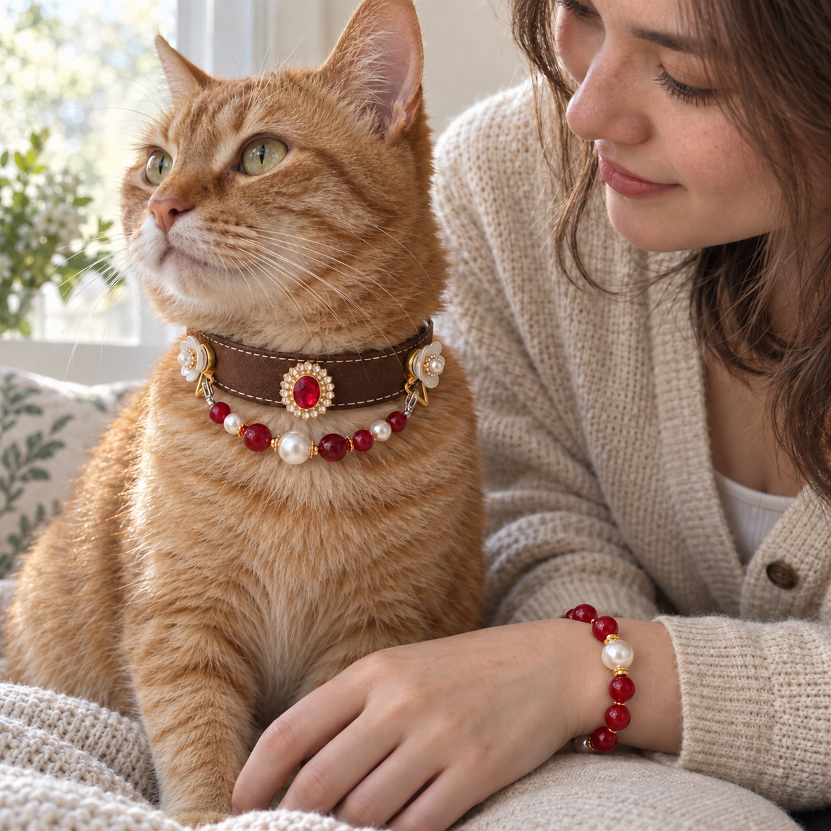 Cat wearing the EVARILO pet collar, alongside an owner wearing the matching crystal bracelet.