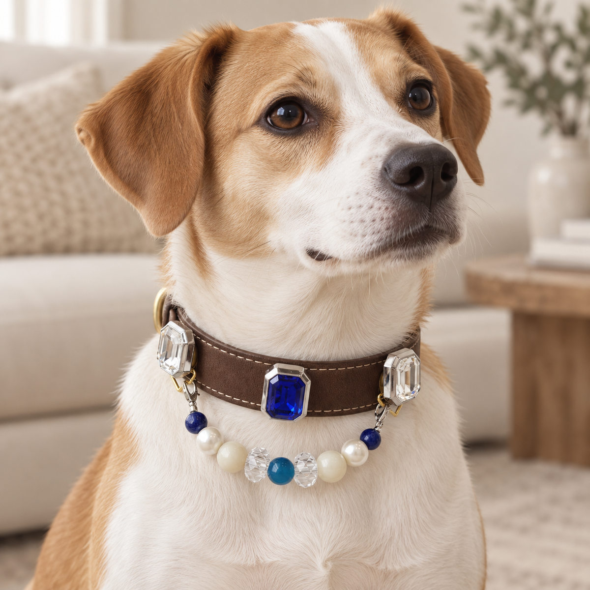 EVARILO Azure Beaded Pet Collar — dog wearing the collar