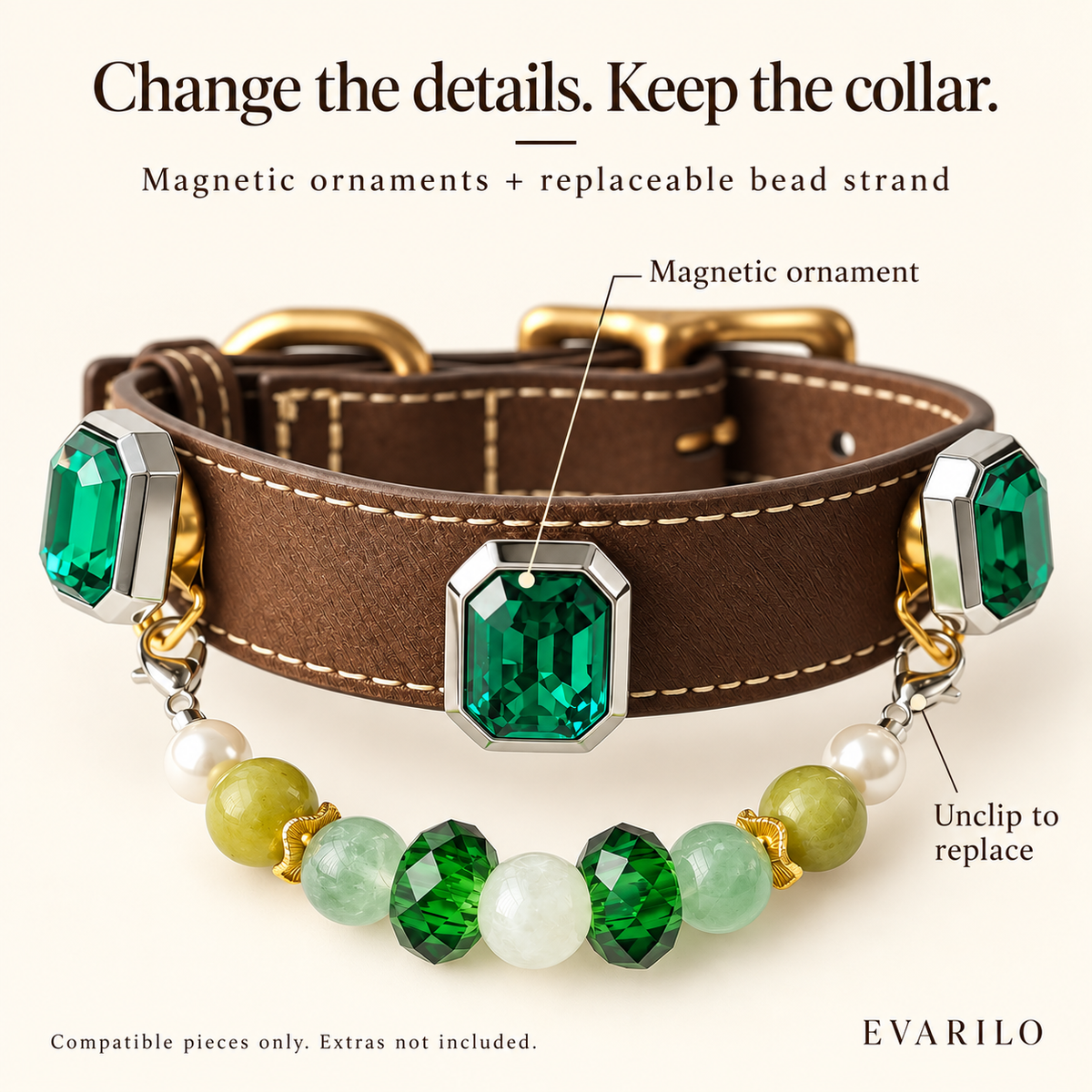 Magnetic gemstone ornaments and replaceable hanging bead strand