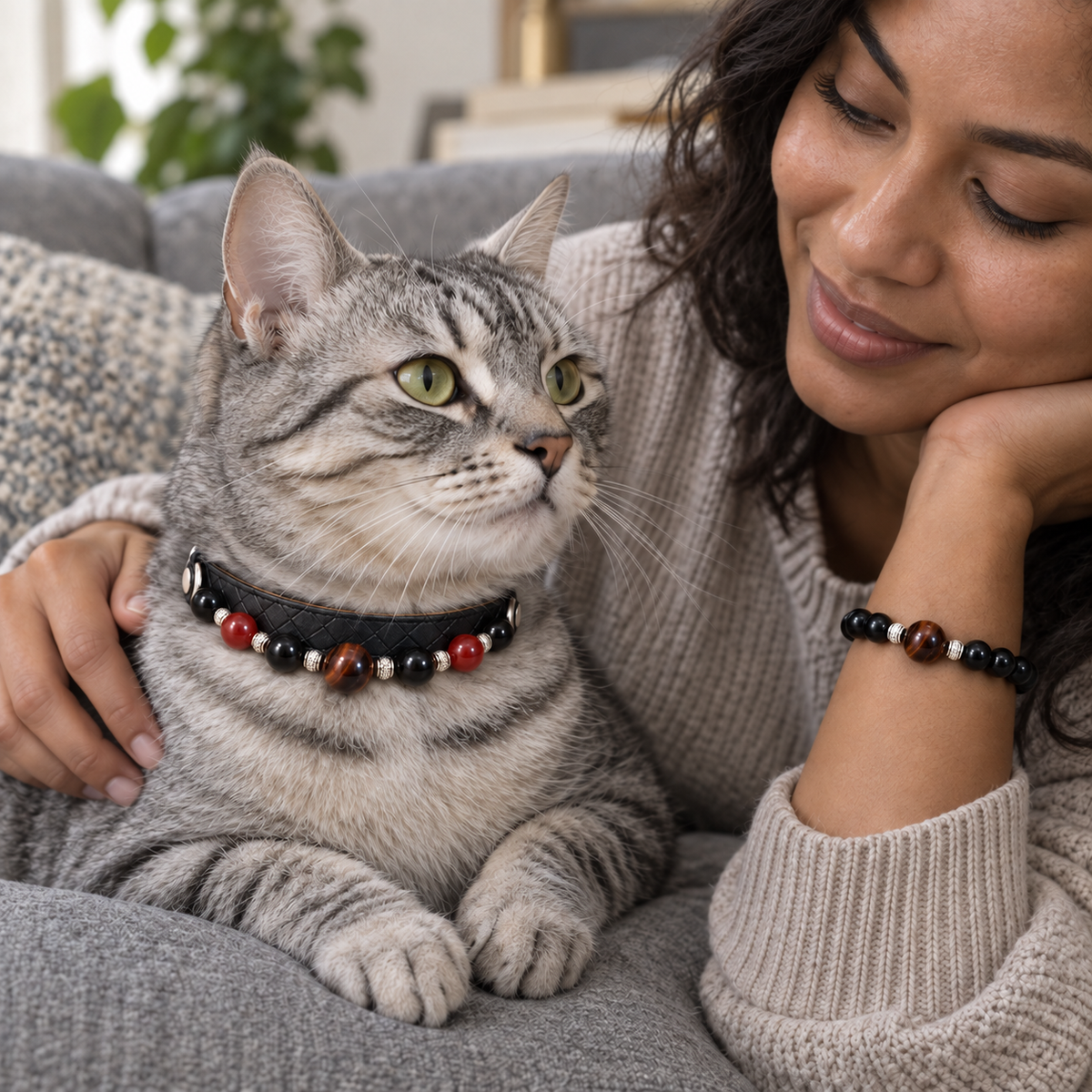 Cat wearing the EVARILO pet collar, alongside an owner wearing the matching crystal bracelet.