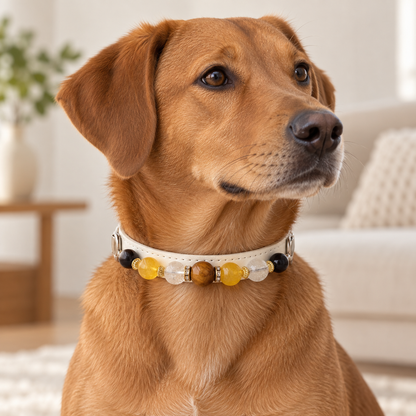 EVARILO Golden Hour Beaded Pet Collar — dog wearing the collar