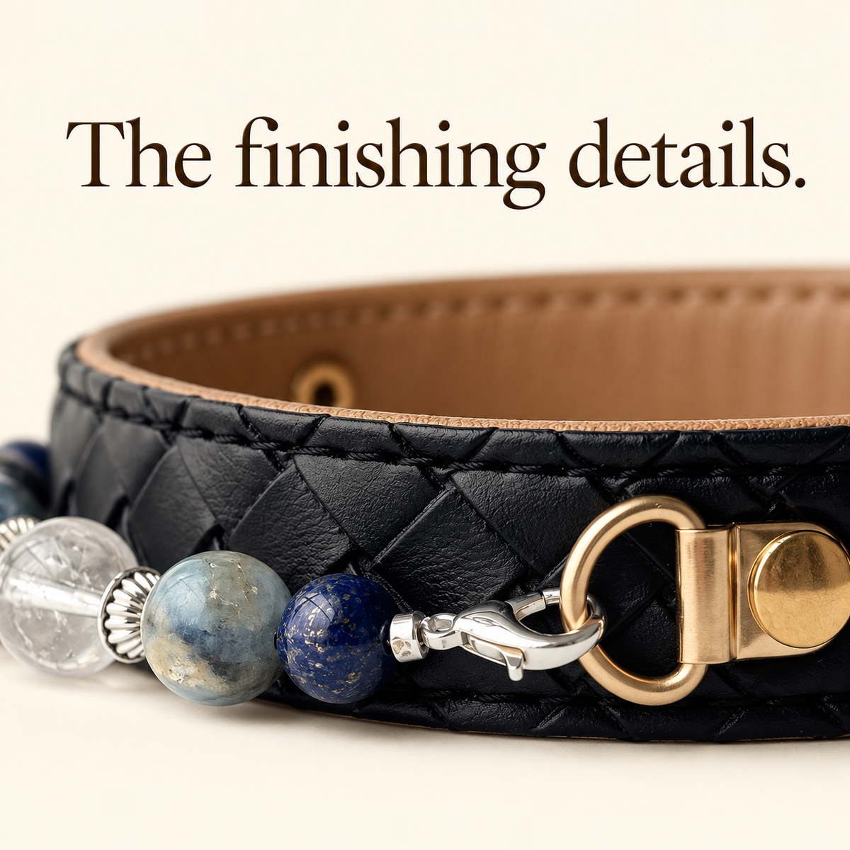 EVARILO Blue Mist Beaded Pet Collar — fittings and stitching detail