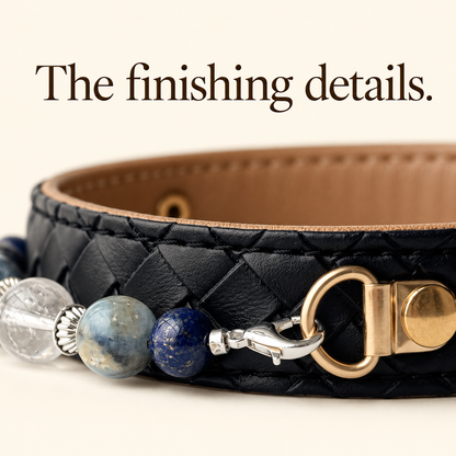 EVARILO Blue Mist Beaded Pet Collar — fittings and stitching detail