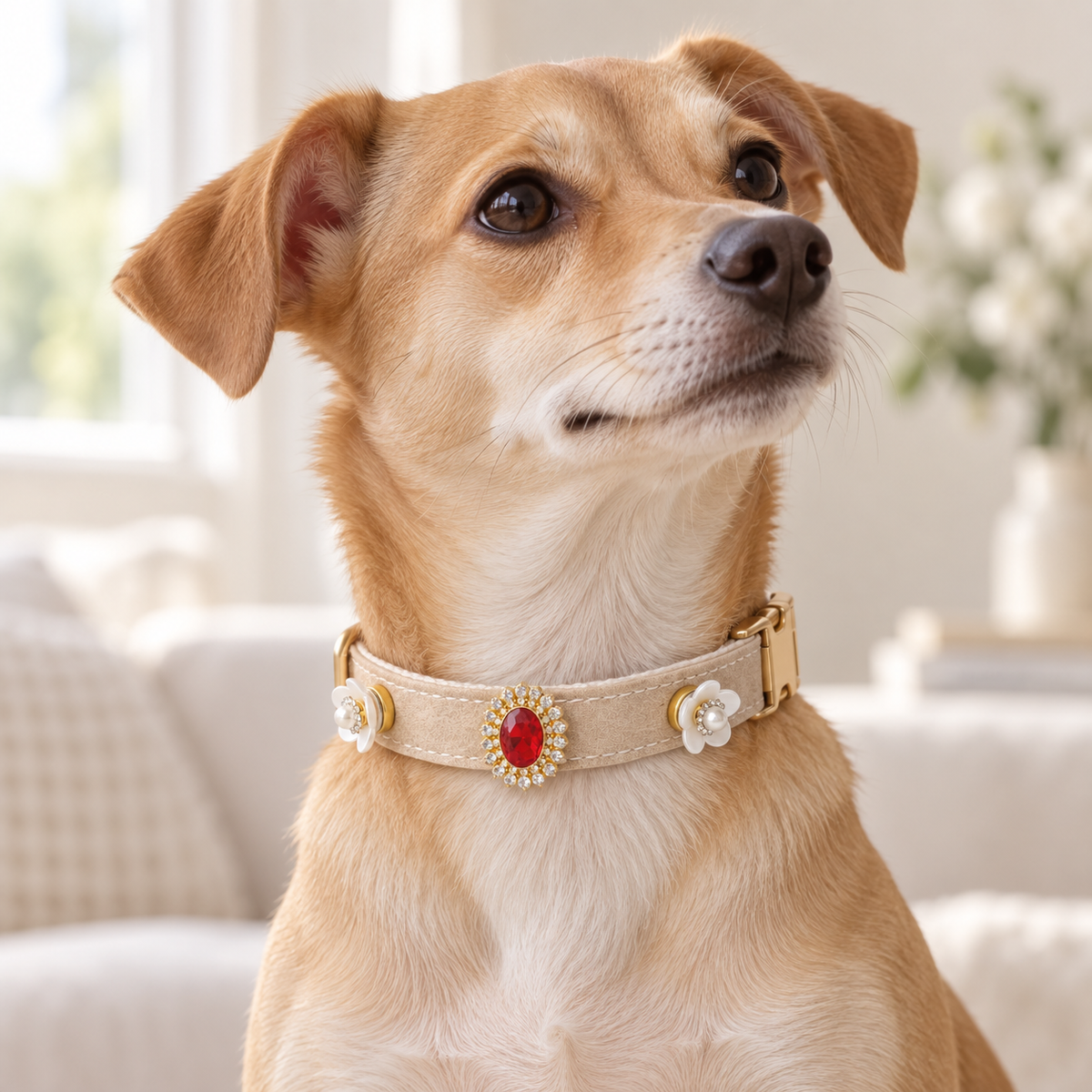 Dog wearing collar with red and white ornaments