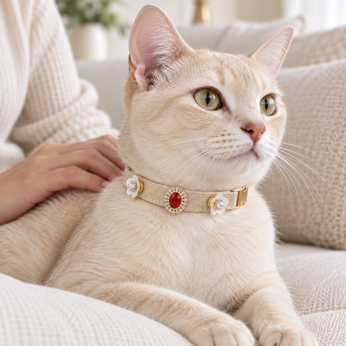 Cat wearing collar with red and white ornaments