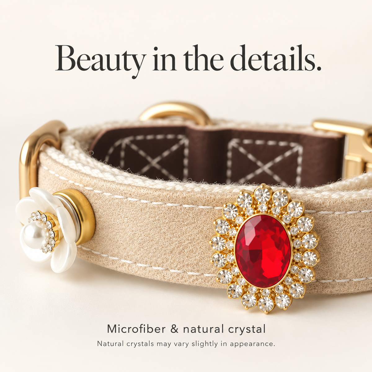 Microfiber texture and natural crystal detailing on collar