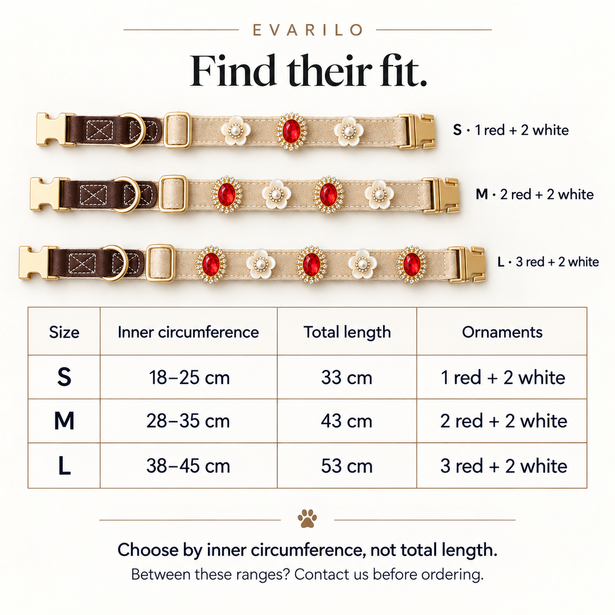 Collars laid flat: S one red two white, M two red two white, L three red two white; size chart