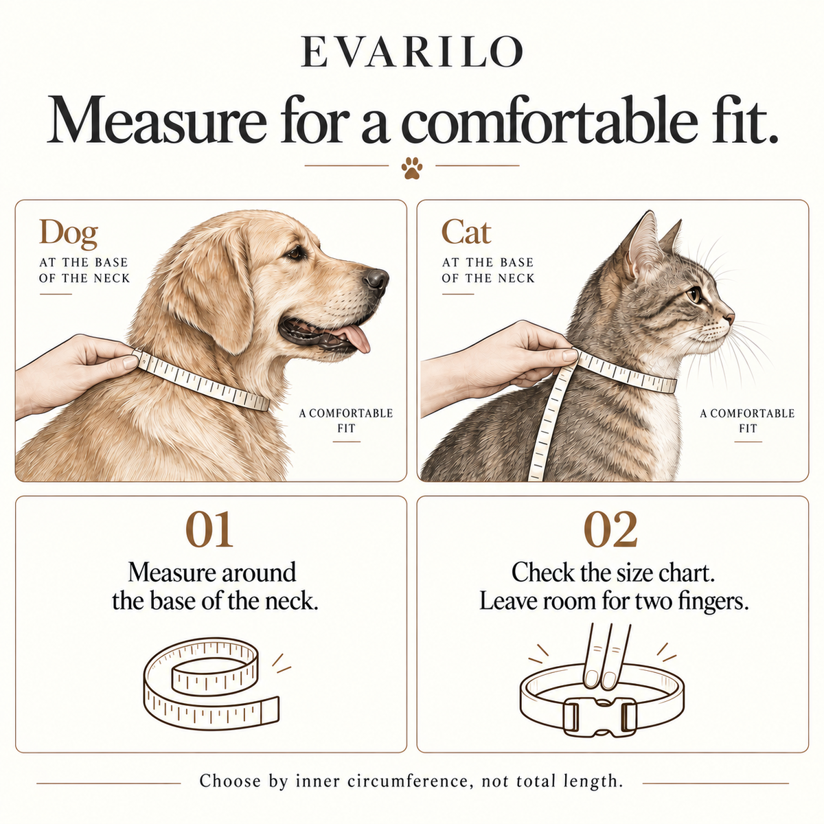 EVARILO pet neck measurement guide: measure the base of the neck and allow two-finger room.