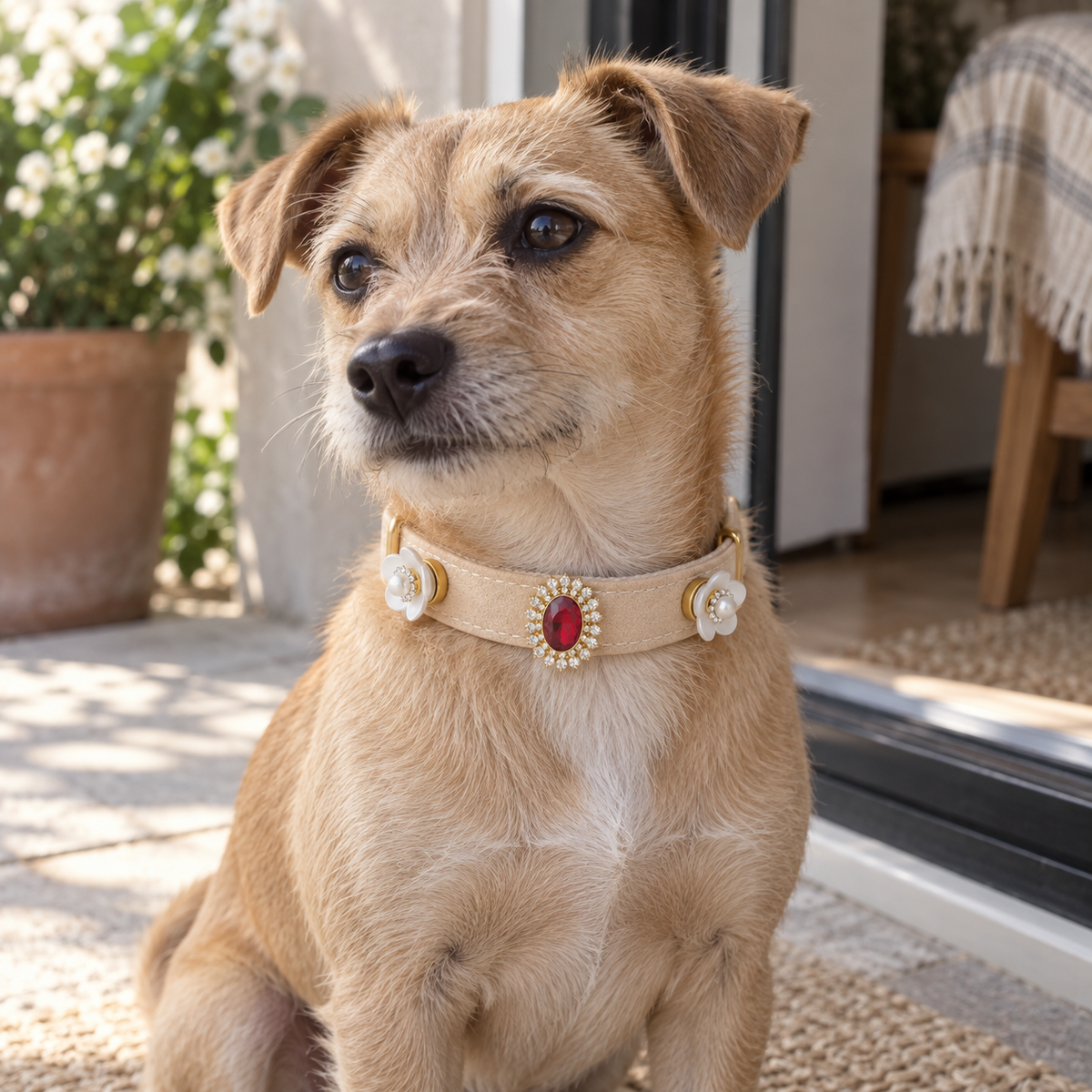 Tan terrier wearing the cream EVARILO crystal pet collar with one red and two white floral charms.