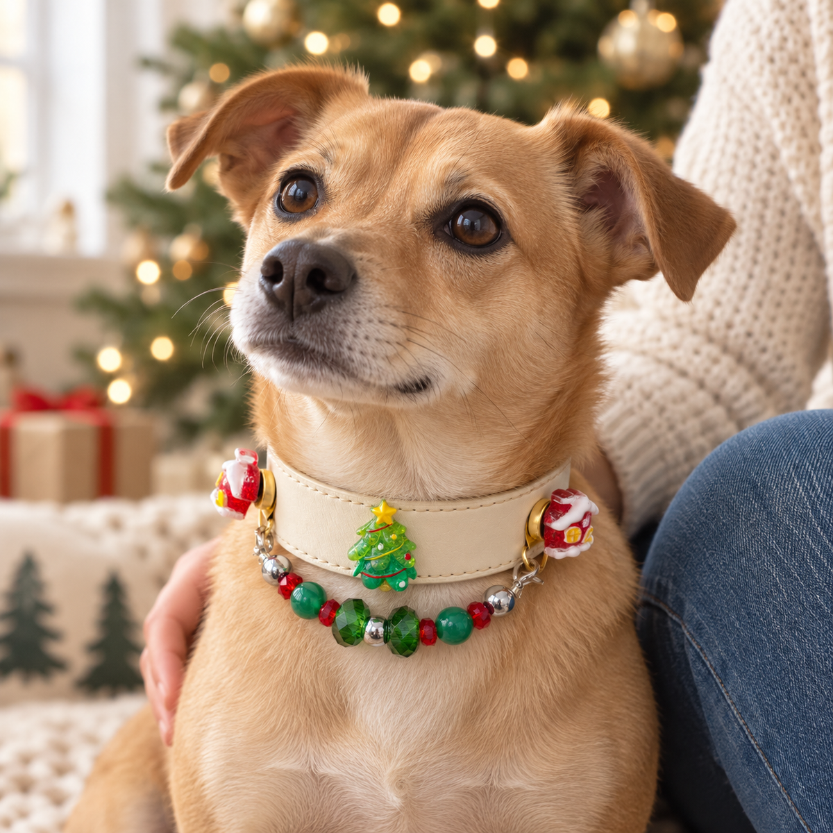 Dog wearing Christmas tree collar with red houses and beaded swag