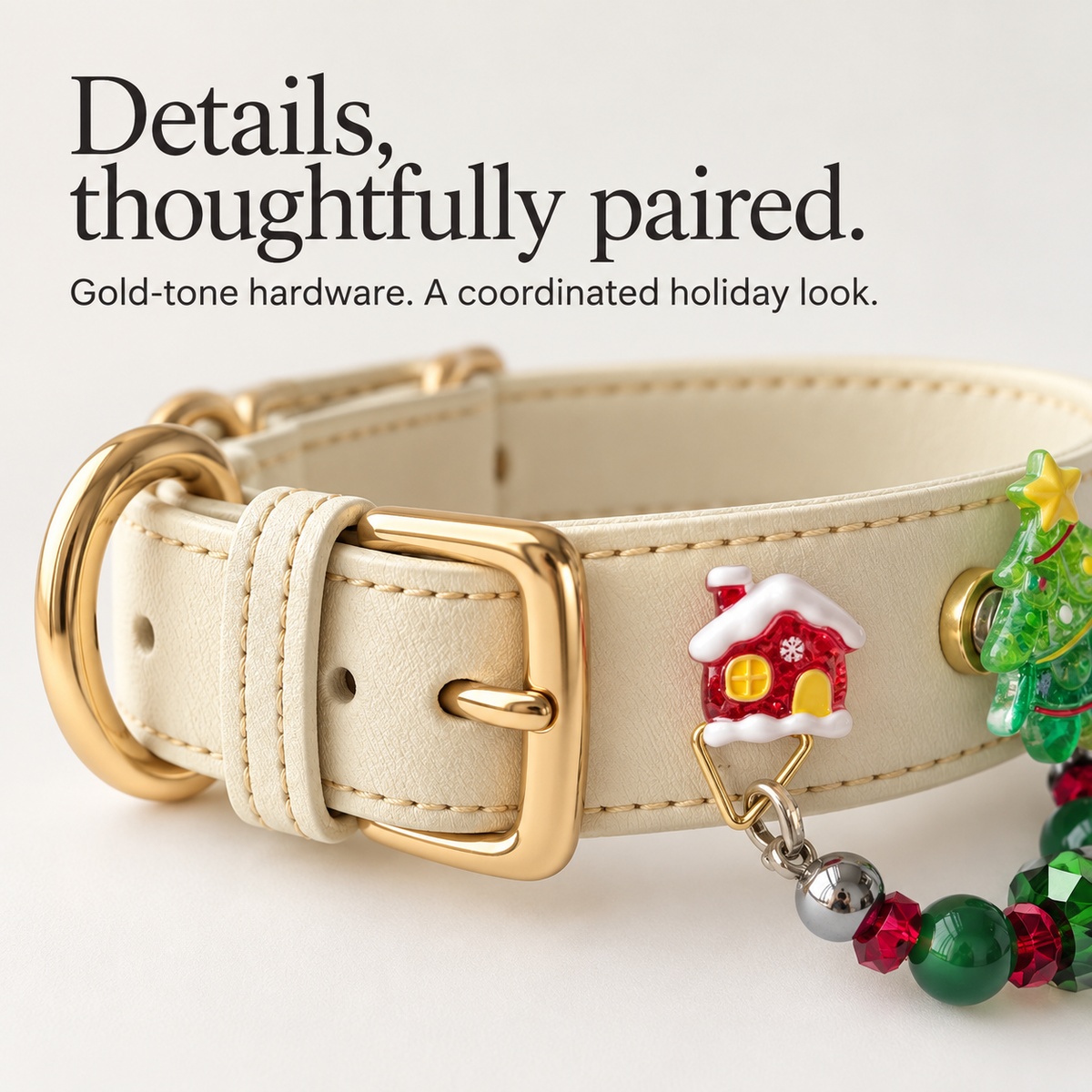 PU collar belt buckle and gold-tone D-ring detail