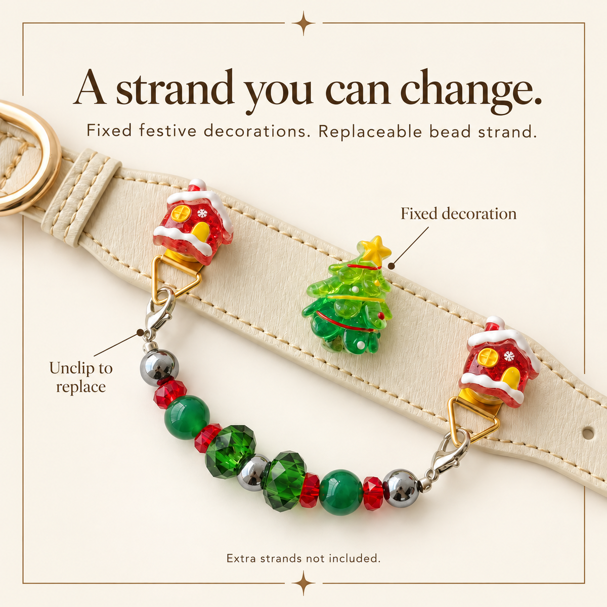 Fixed Christmas decorations and replaceable hanging bead strand