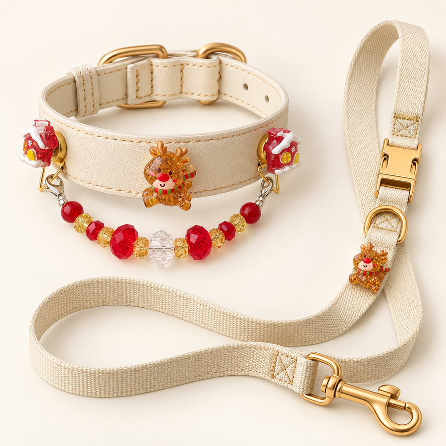 Reindeer Christmas PU collar and matching webbing leash set