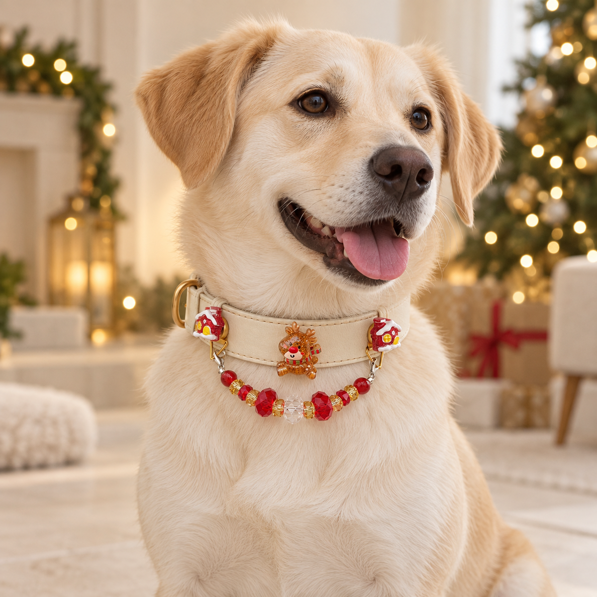 Dog wearing cream reindeer Christmas collar with red houses