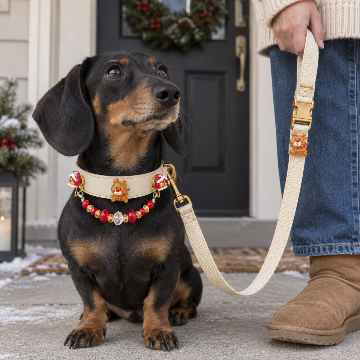 Dog wearing the EVARILO pet collar with its matching leash held by an owner.