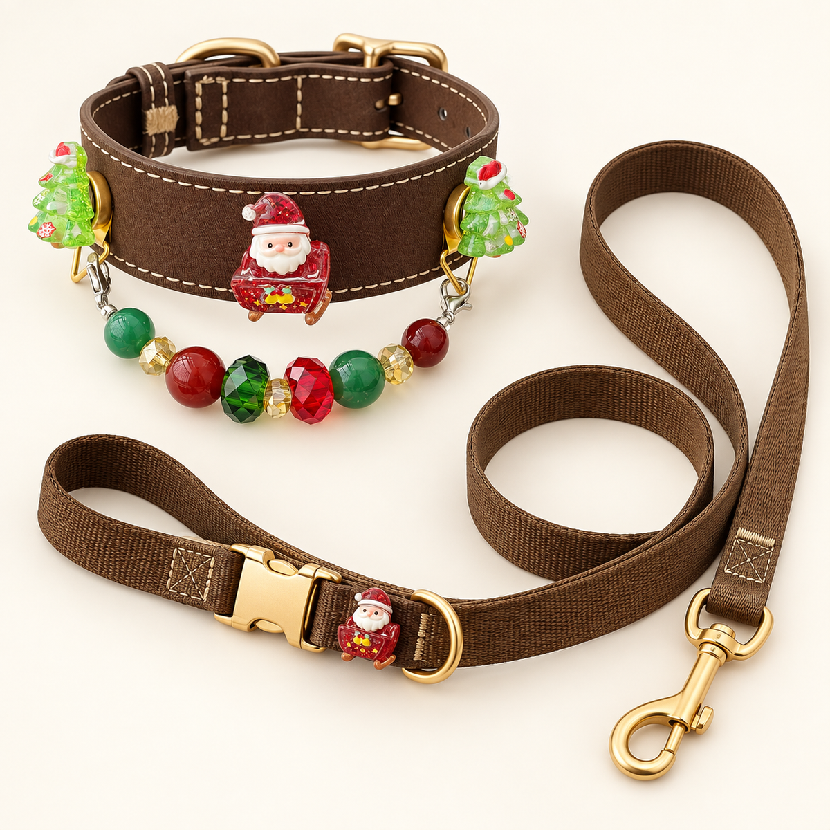 Santa sleigh Christmas brown PU collar and matching leash set