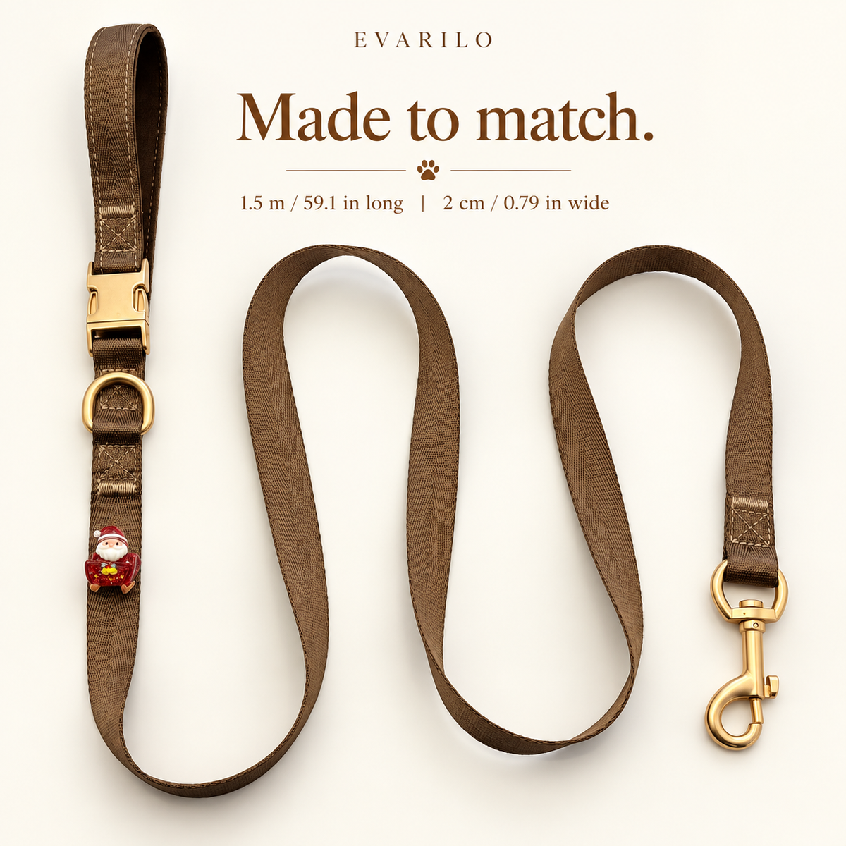 Matching brown Santa sleigh webbing leash, 1.5 m by 2 cm
