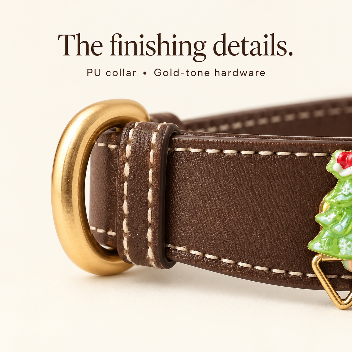 Brown PU collar stitching and gold-tone D-ring detail