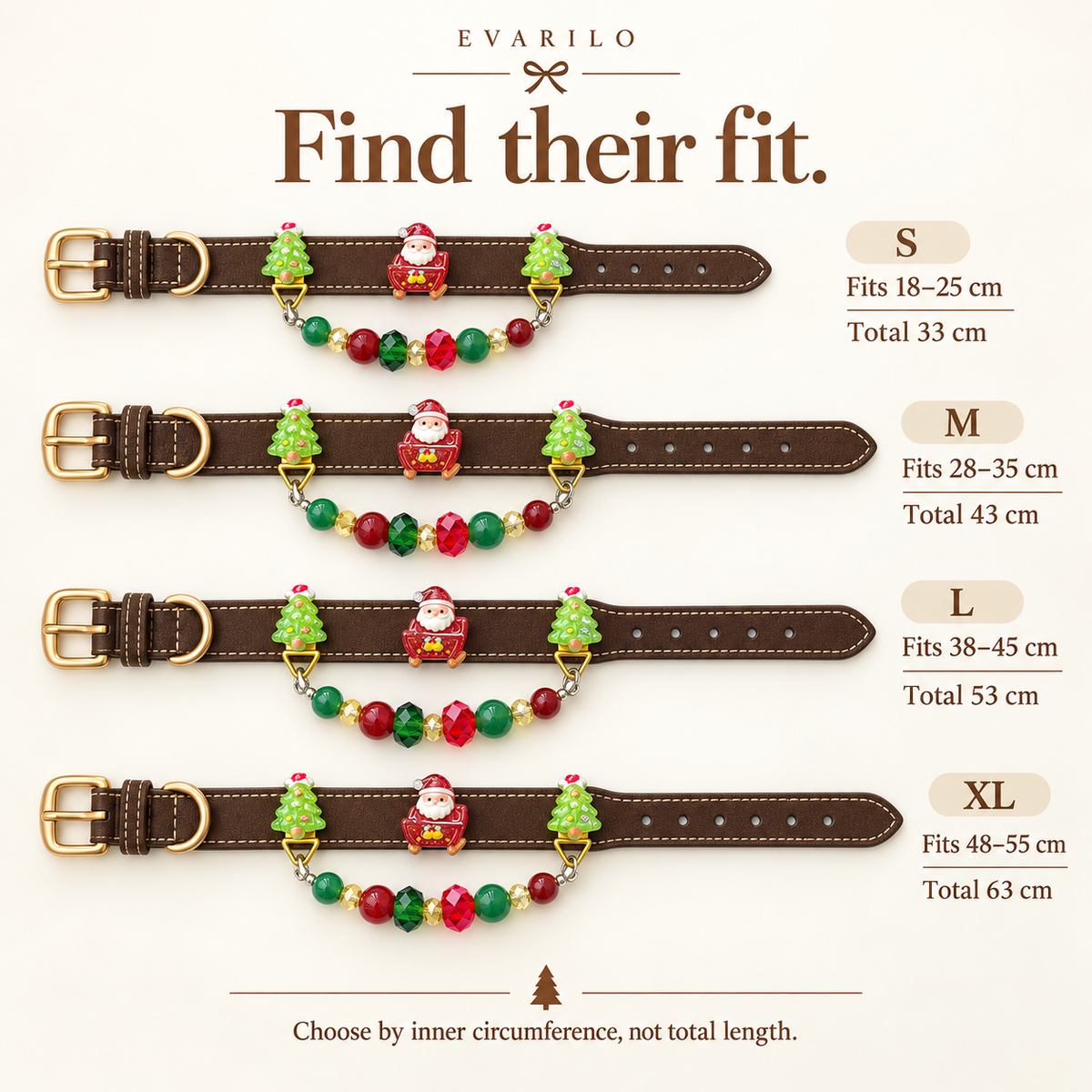 Collar size guide: S 18–25, M 28–35, L 38–45, XL 48–55 cm