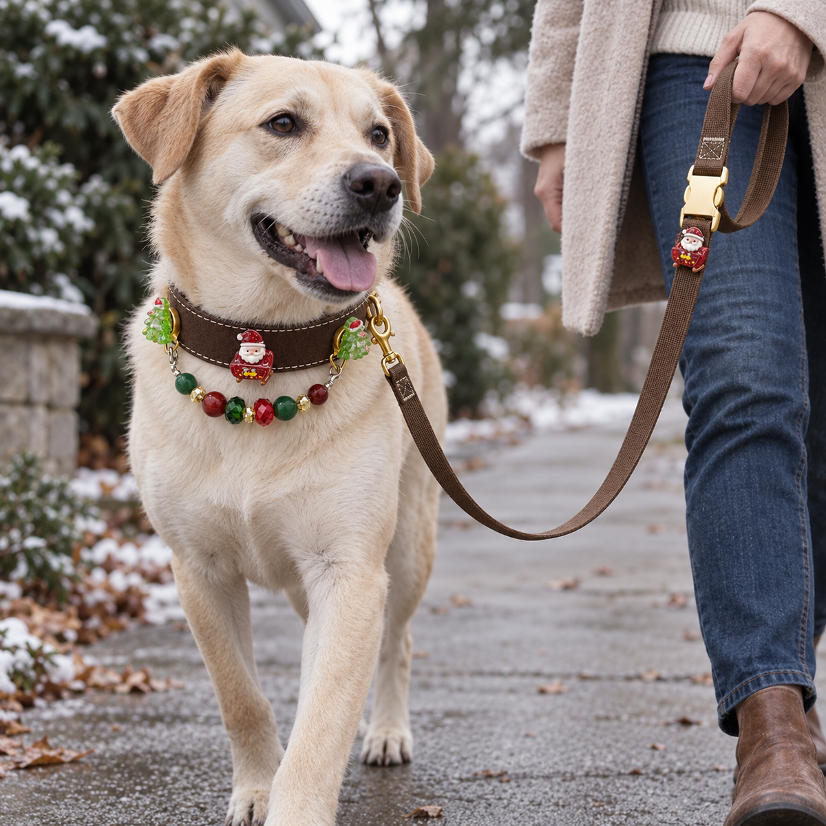 Dog wearing the EVARILO pet collar with its matching leash held by an owner.