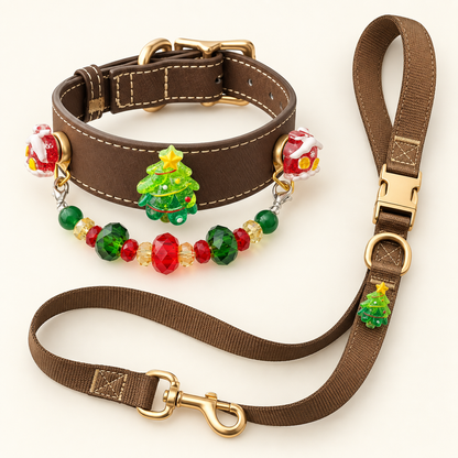 Brown Christmas tree PU collar and matching webbing leash set