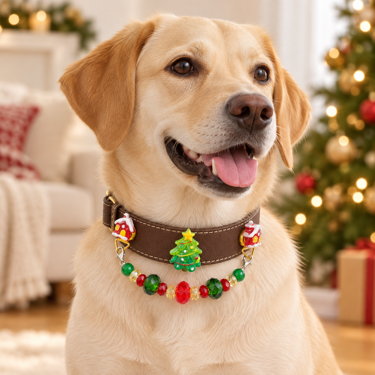 Dog wearing brown collar with yellow-star Christmas tree and snowy houses