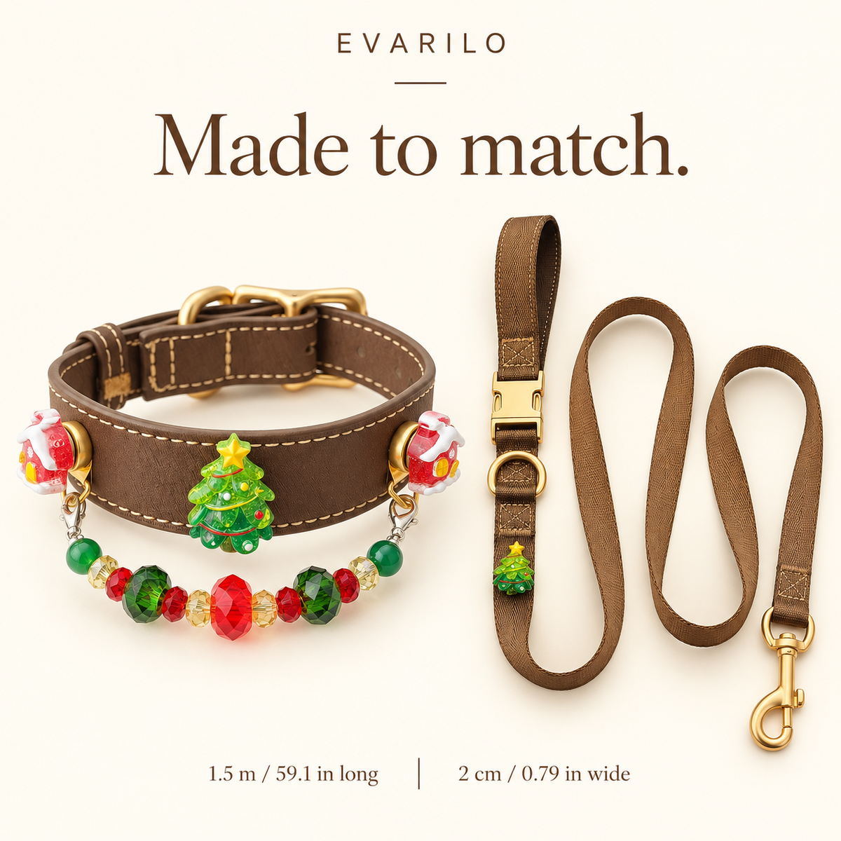 Matching Christmas tree brown webbing leash with 1.5 m by 2 cm dimensions