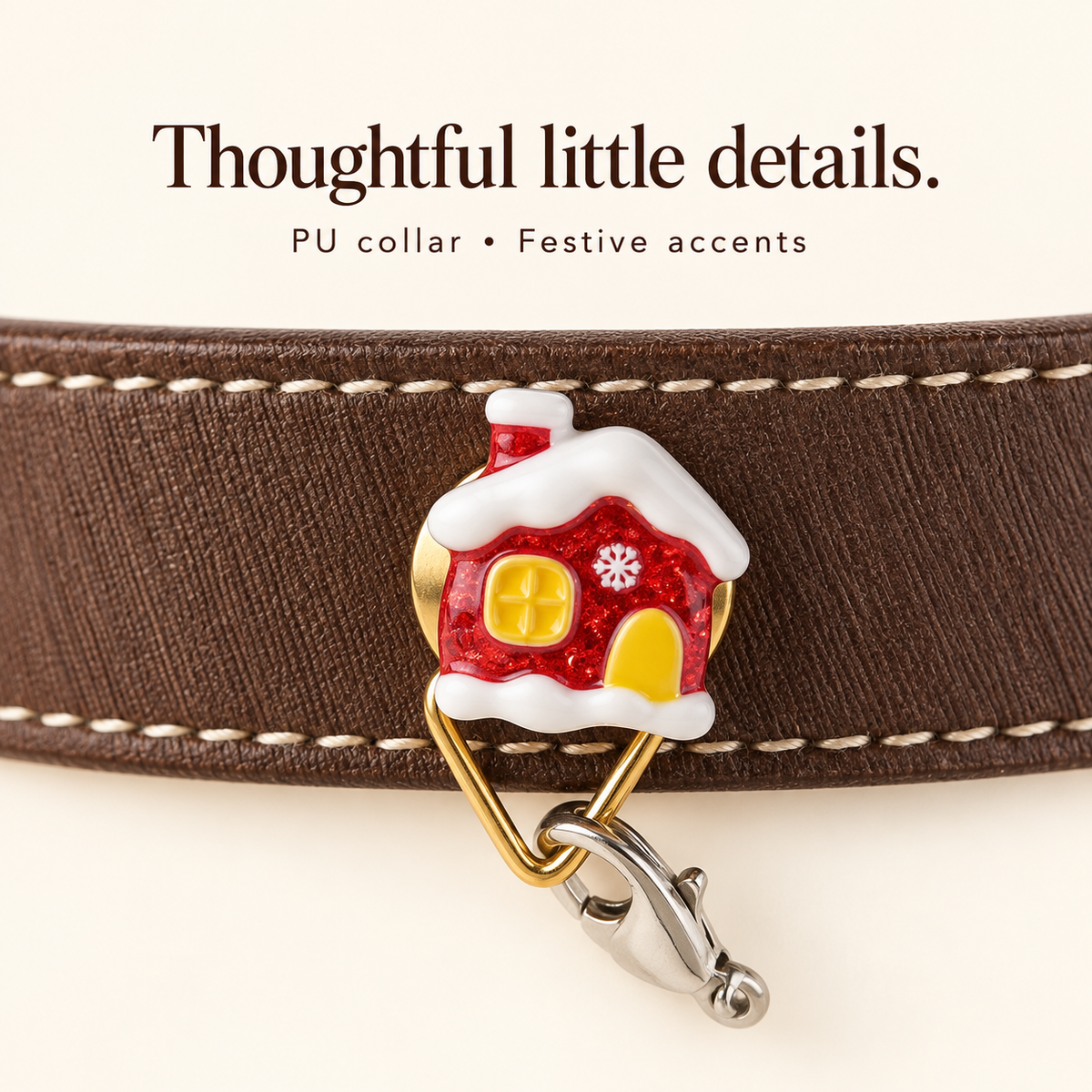 Brown PU collar texture, cream stitching and red house ornament connection