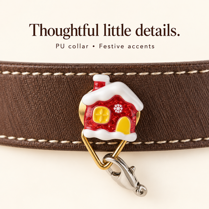 Brown PU collar texture, cream stitching and red house ornament connection