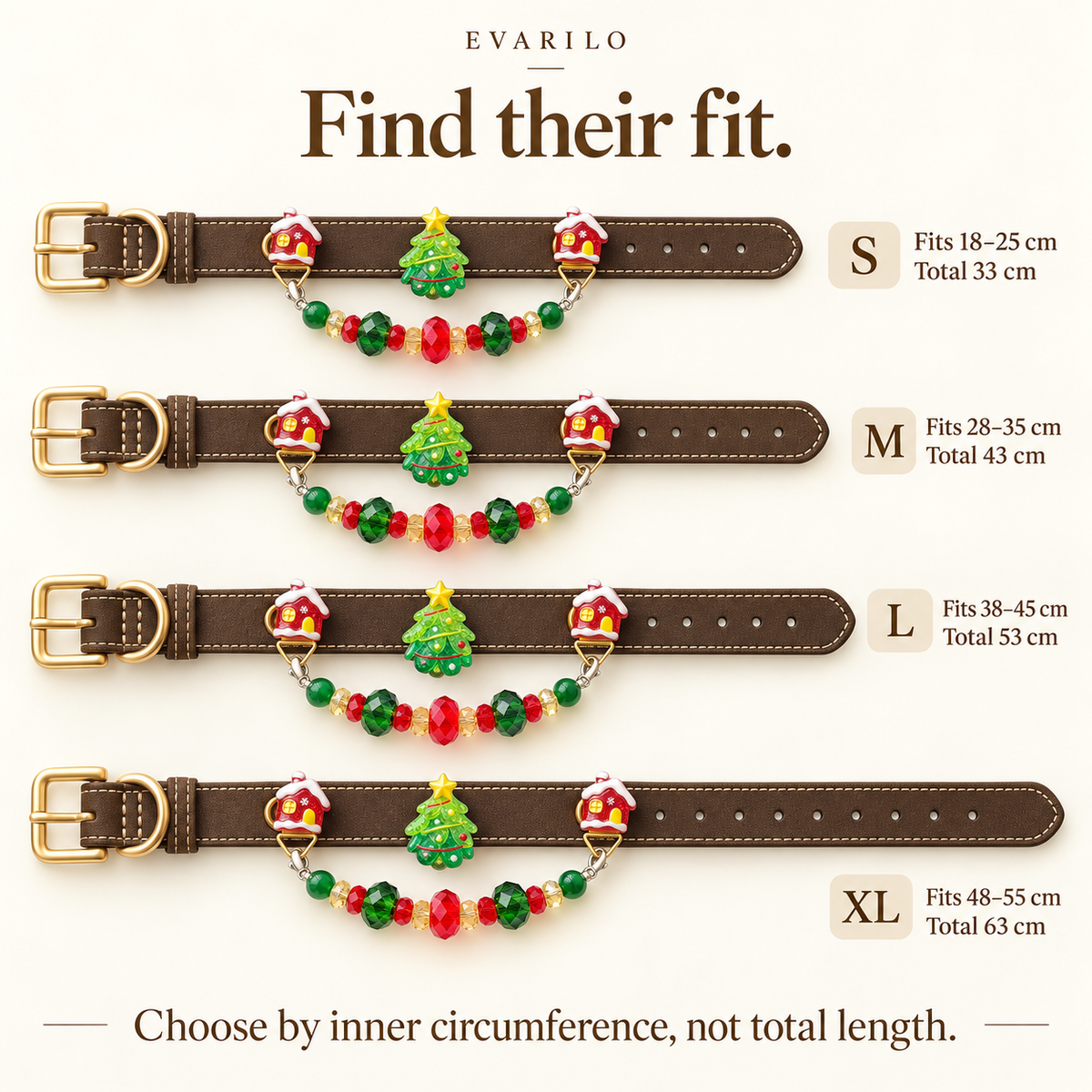Collar size guide: S 18–25, M 28–35, L 38–45, XL 48–55 cm