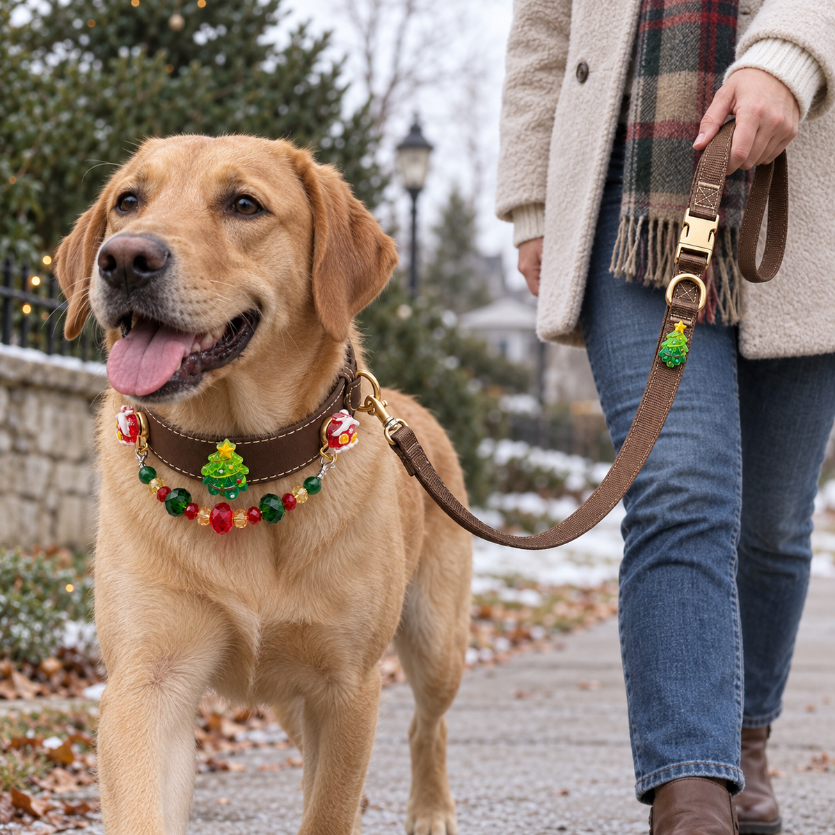 Dog wearing the EVARILO pet collar with its matching leash held by an owner.