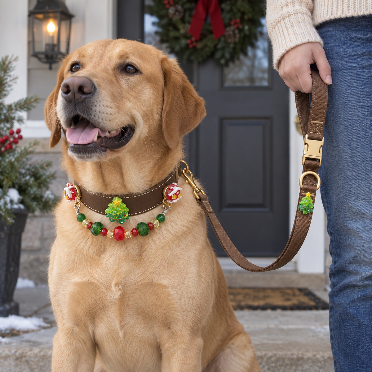 Dog wearing the EVARILO pet collar with its matching leash held by an owner.